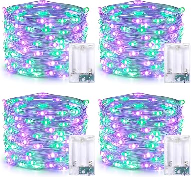 JMEXSUSS 4 Pack 50 LED Purple and Green Fairy Lights Battery Operated, 16ft String Fairy Lights for Tree Party Holiday Decor