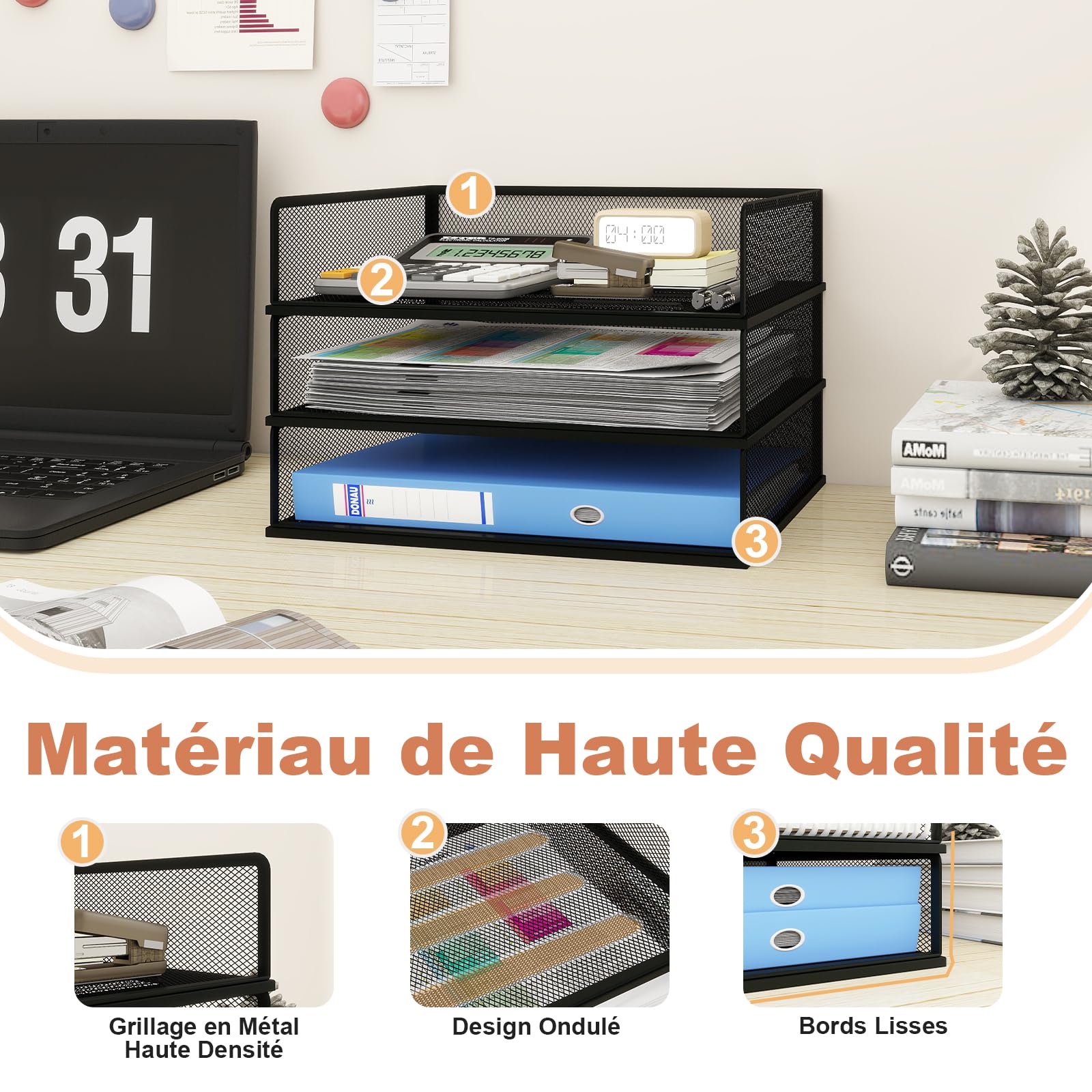 PUNCIA Corbeilles à Courrier en Maille Métallique à 3 Niveaux | Organiseur de Bureau Multimédia Boîte de Rangement Support d'Empilage Documents Organisateur pour Bureau à Domicile (Noir)