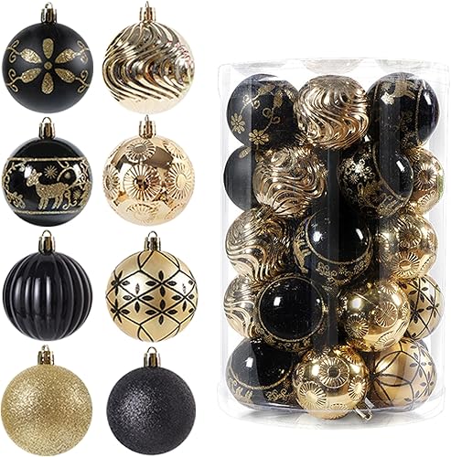 Juego de 34 bolas de Navidad color negro y dorado de 2.36 pulgadas, inastillables, colgantes con purpurina, adornos para Navidad