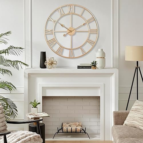 Miniatura 5 de CLXEAST Reloj de pared de metal dorado champán, reloj de pared grande con número romano de 24 pulgadas para decoración de sala de estar, regalos de