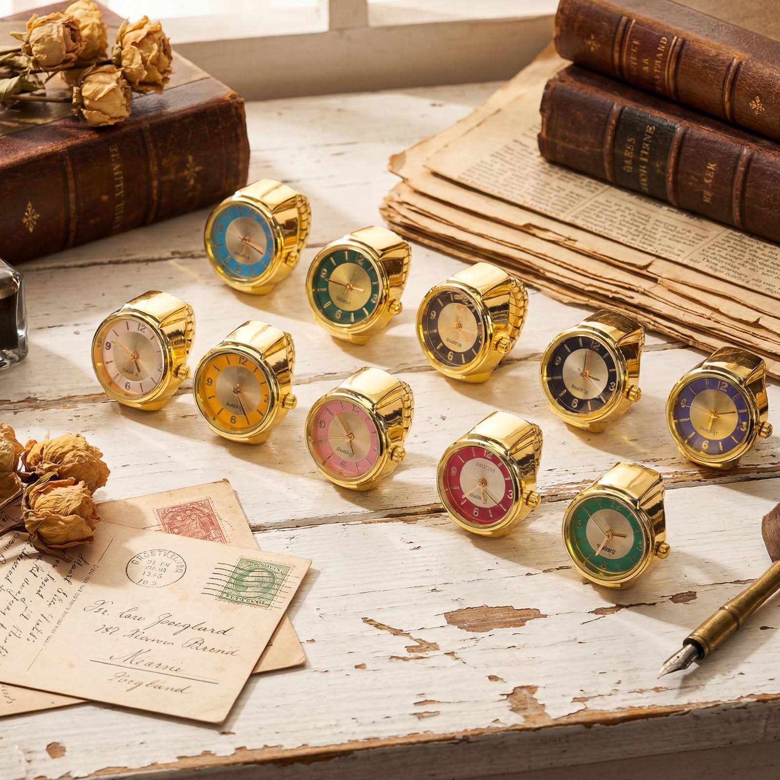Landical 10 orologi da dito per donne e uomini, regolabili, anelli rotondi elastici al quarzo