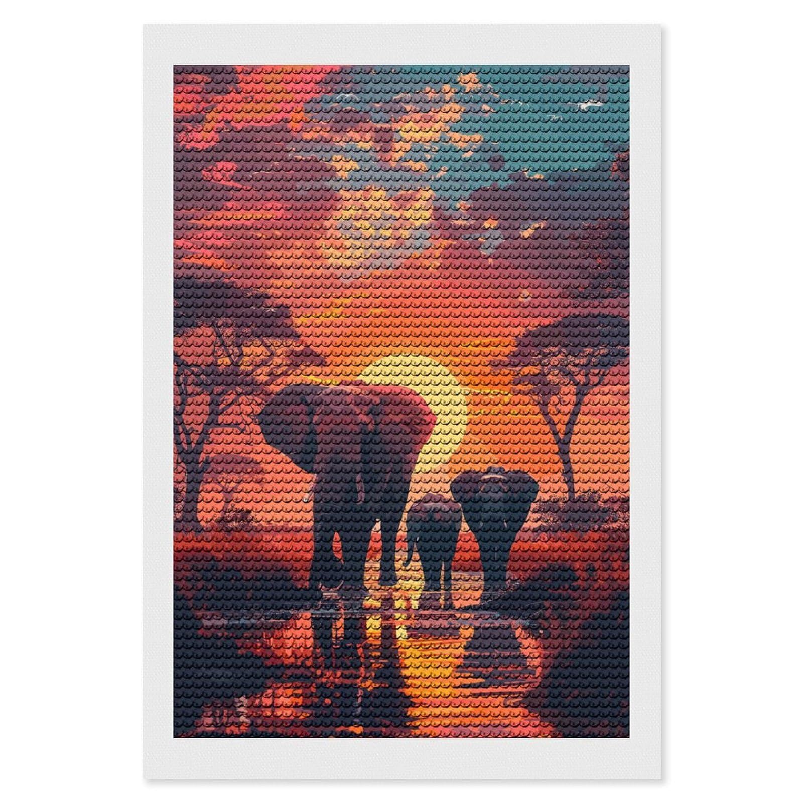 Junmoney Elephants Savanna Nature Diamond Painting Set 8"x12", Holiday Gift Idea, for Creative Relaxation, Fun Craft Experience, Vintage Style Decor
