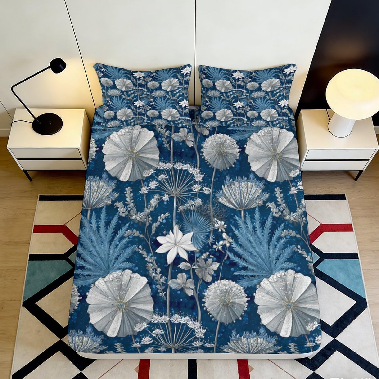 3D Printed Blue Lotus Pond Fitted Sheet Microfiber Soft Water Lily Bed Cover for Bedroom Dorm Mattress Protection Decor 90x200x25cm