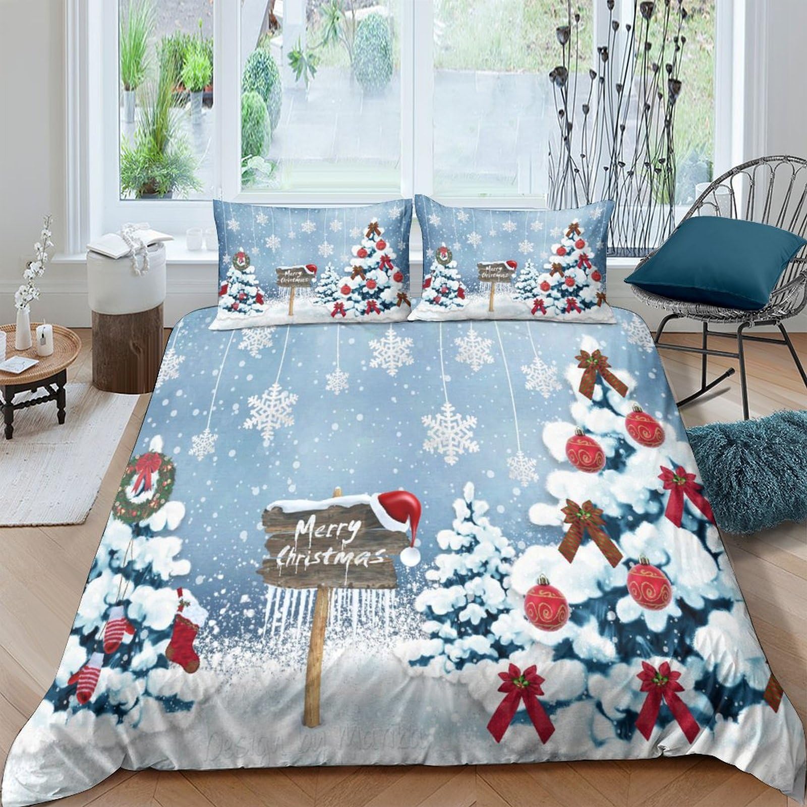 Housse de couette sapin de Noël 3D en microfibre 200x200 cm avec 2 taies d'oreiller