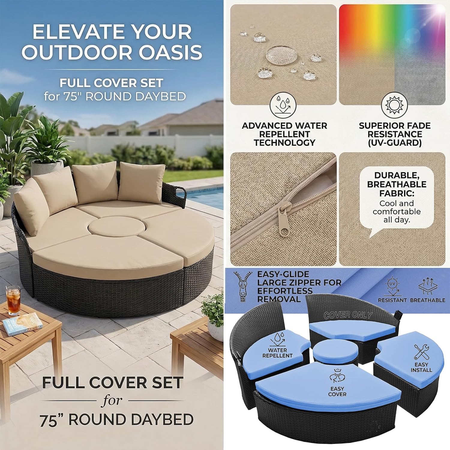 75" Outdoor Round Daybed Cover Replacement -5 Set (Cover Only)- Wate Repellent & Fade Resistant Patio Furniture Slipcover, Heavy Duty Daybed Cushion Covers with Large Zipper for Garden Sunbed