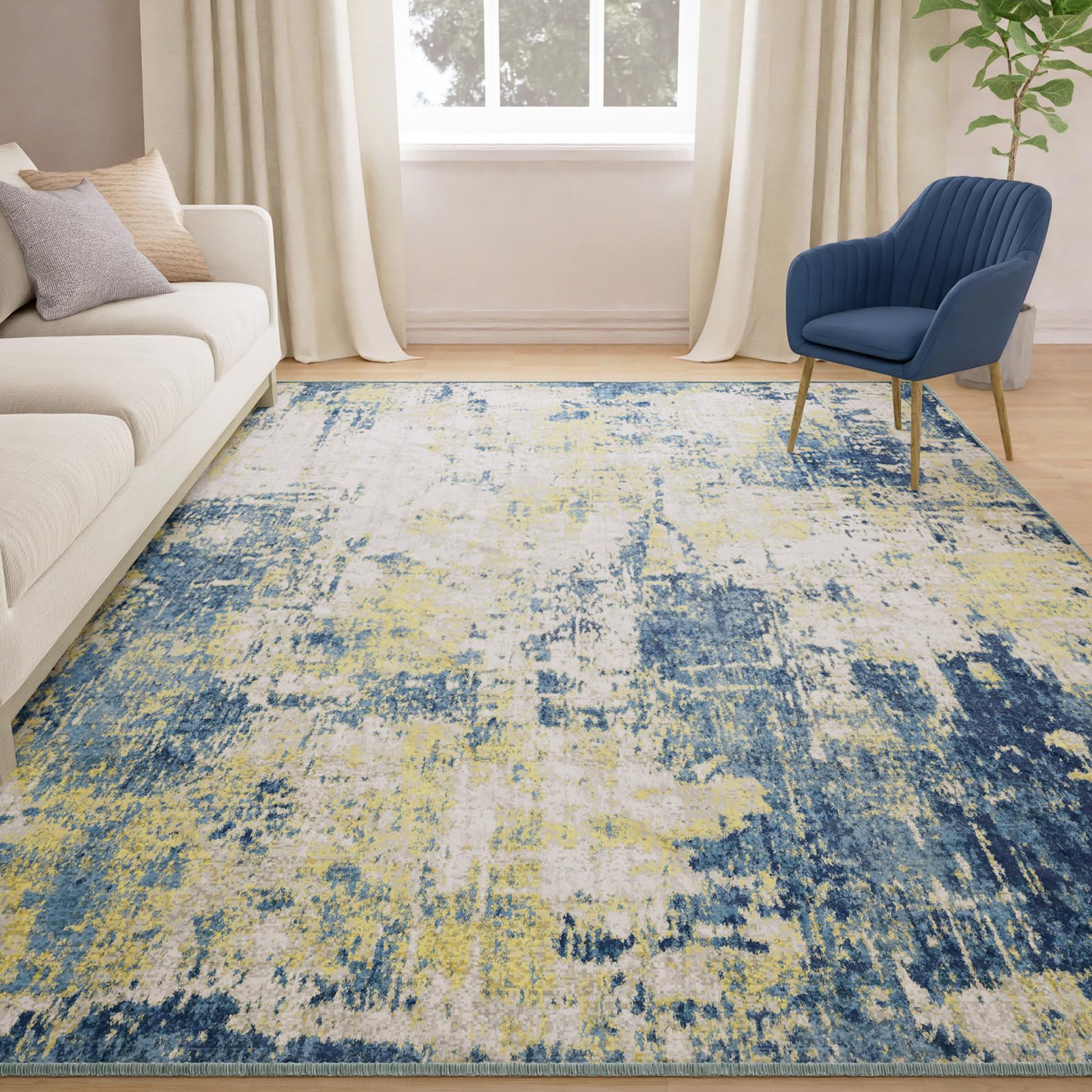 Washable Area Rugs 4'x6' Non-Slip Modern Abstract Soft for Living Room Entryway Bedroom, Print Pattern, Blue Yellow
