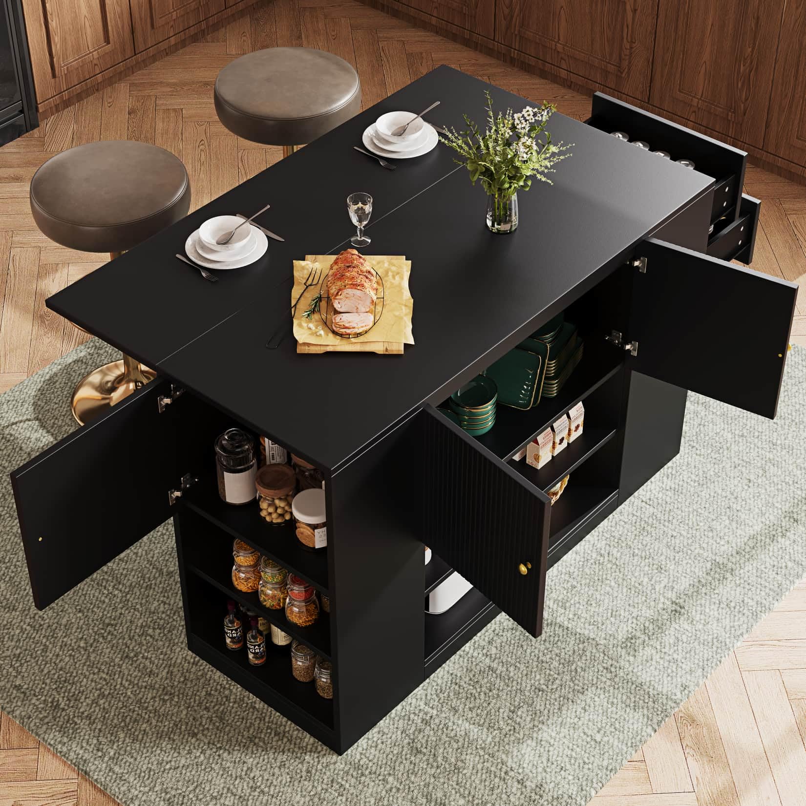 PUGSDRLY Îlot de Cuisine Moderne avec Plateau de Table Pliable,Buffet Meubles de Rangement pour Cuisine et Salle à Manger,3 Portes,2 Tiroirs et Compartiment Ouvert,140x40/70x90cm,Noir