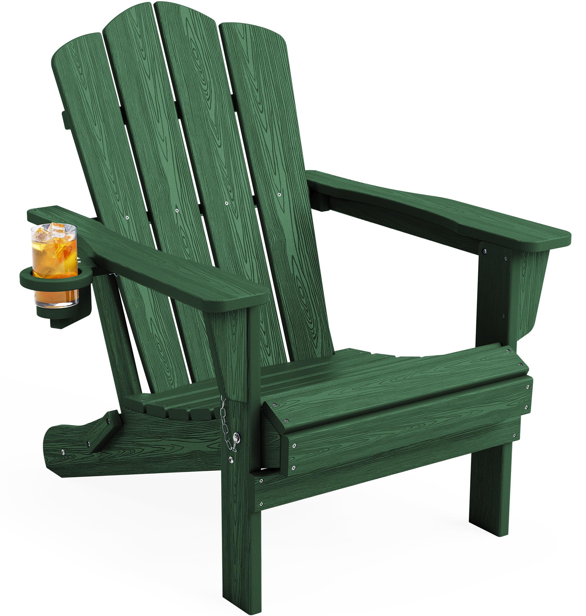 KINGYES Folding Adirondack Chair, HDPE All-Weather Patio Chairs, Wooden Textured Lawn Chair for Poolside, Backyard, Deck, Fire Pit, Green