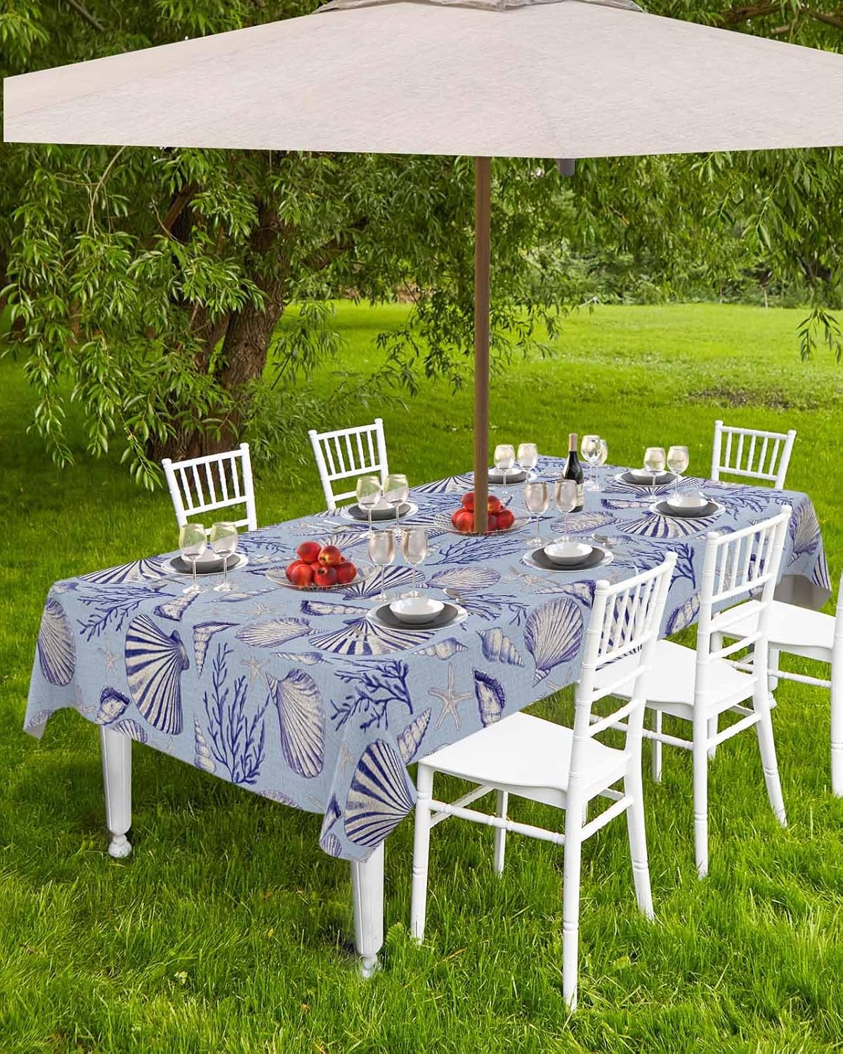 Outdoor Tablecloth with Umbrella Hole and Zipper 52" x 70" Rectangular Summer Blue Coral Shell Starfish Linen Water Repellant Table Cover Tabletop Collection for Party Patio Picnic