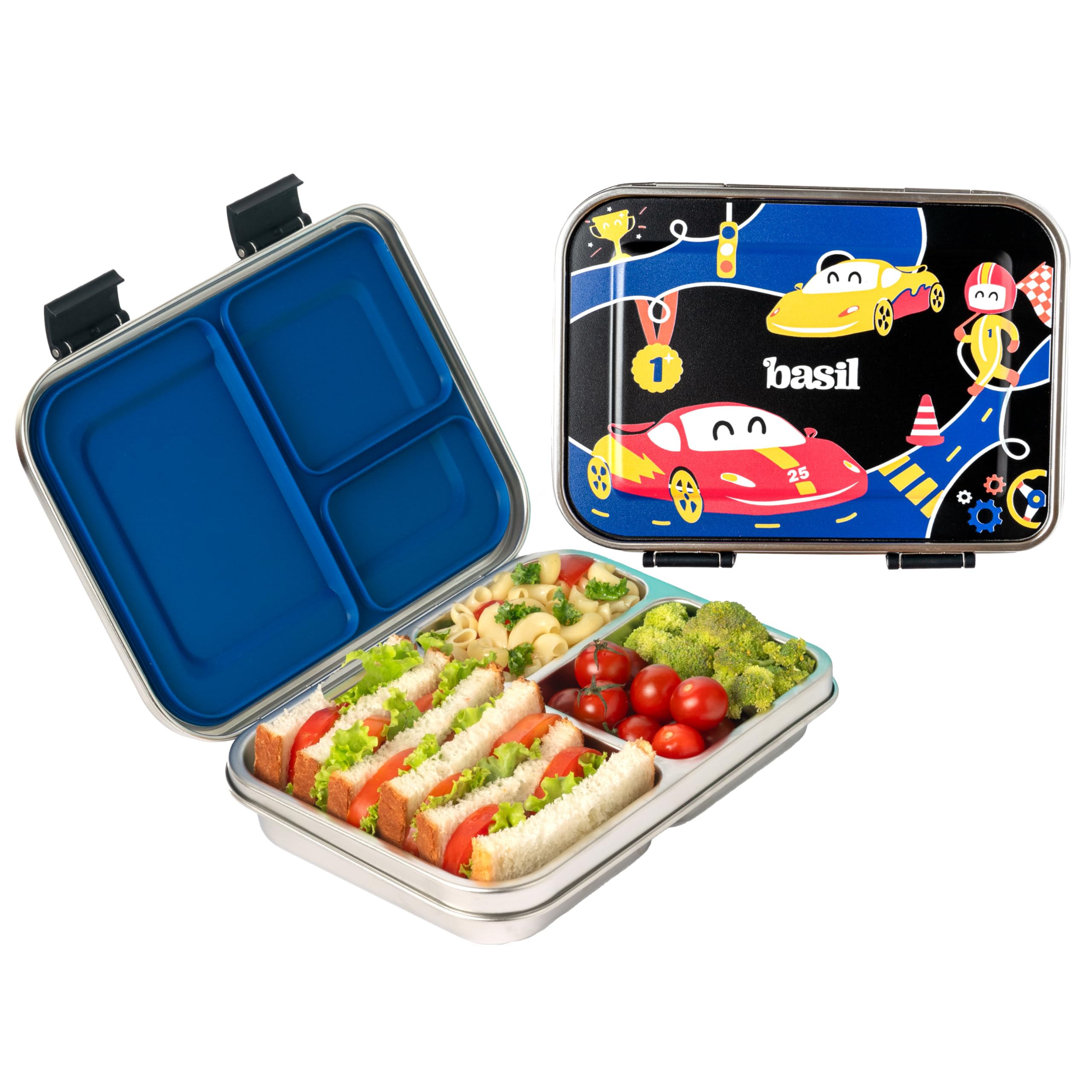 Basil Bento Neo Classic 2025 – New & Improved, 1000ml 3-Compartment Stainless Steel Lunch Box for Adults, Teens & Kids | Leak-Proof & Easy to Open Tiffin for Office, School, College - Black Car
