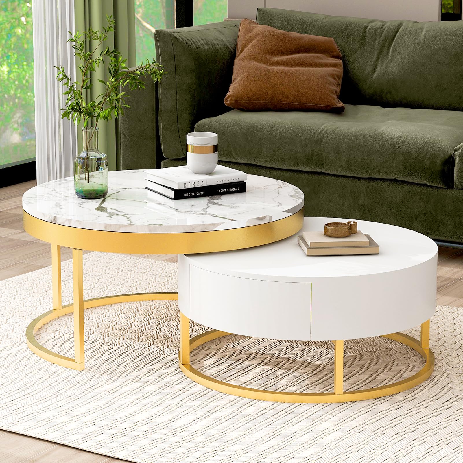Nesting Coffee Table Set of 2, Industrial End Table Side Tables with 2 Drawers Cocktail Tea Center Table Modern Round Nesting Table Set for Living Room Bedroom Balcony, White