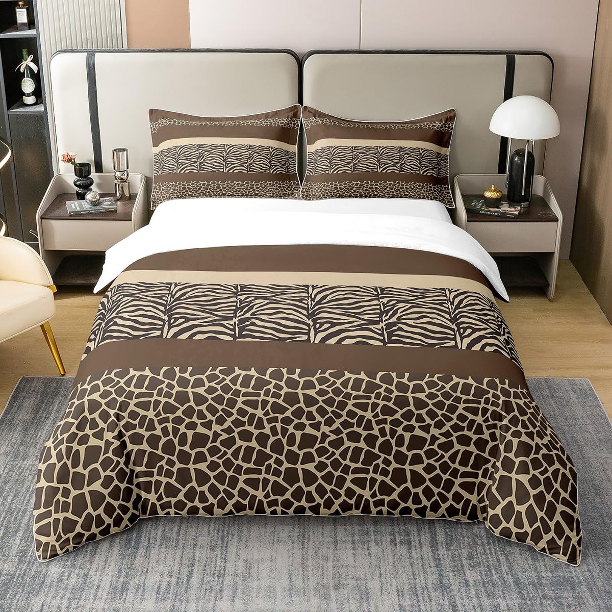 Leopard Print 100% Cotton Duvet Cover,Cheetah Strip Lines Bedspread Cover for Home Living Room Decor, Reversible Safari Animal Modern Art Room Curtain, King Size