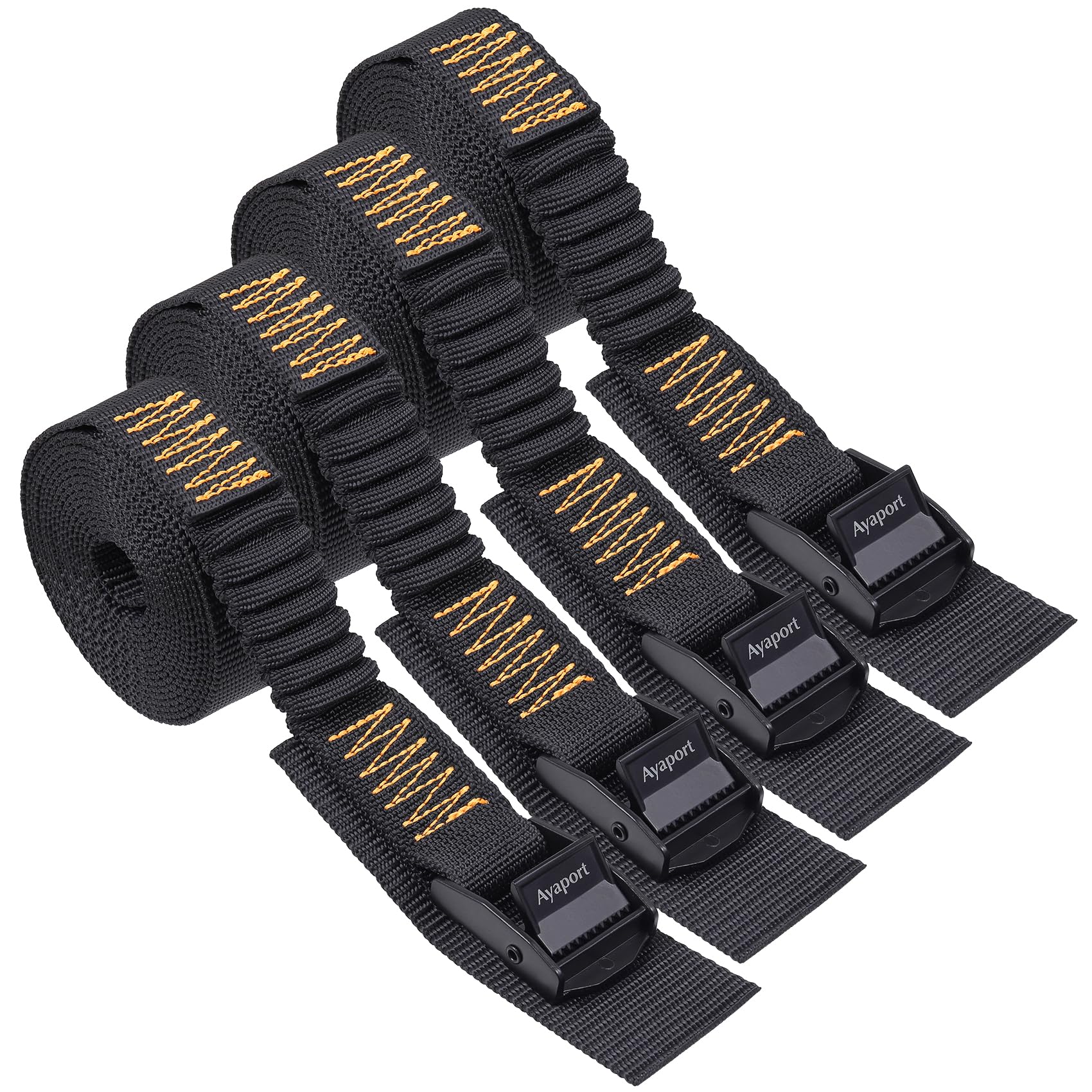 Ayaport Lashing Straps with Cam Buckles (Add Stretch Part - Designed for Tighter) Small Tie Down Straps Adjustable Cinch Straps 8ft for Packing Cargo, Luggage, Car Roof Rack, Black