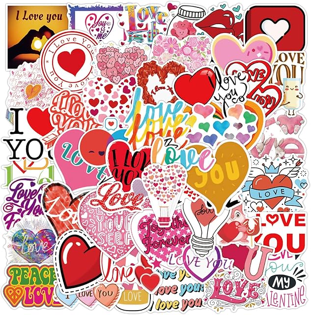 Love Stickers 50-Pack Cute, Waterproof, Aesthetic, Trendy Stickers for Maiden, Perfect for Laptop, Phone, Skateboard, Extra Durable Vinyl Love You Stickers (Love Heart Stickers)