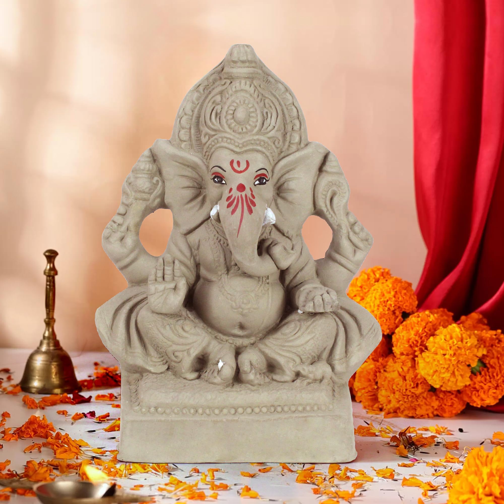 TIED RIBBONS Large Eco Friendly Water Soluble Ganpati Visarjan Idol Murti Terracotta Mitti Clay Ganesha Statue Handcrafted Decorative Items for Home Pooja Room Living Room Gift Set (20.8 cm x 12.7cm)