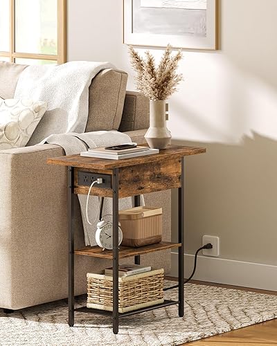 Miniatura 2 de YSVCO Mesa auxiliar, mesa auxiliar con estación de carga, mesita de noche con tapa abatible, mesa auxiliar estrecha para sala de estar, diseño retro