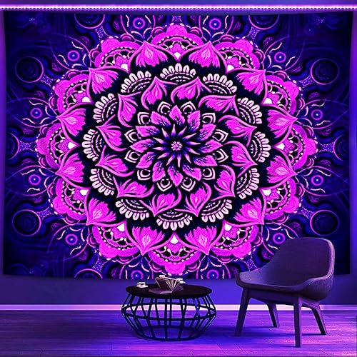 PSYHILAR Tapiz de mandala de luz negra para colgar en la pared, póster de flores psicodélicas con luz negra para adultos y adolescentes, reactivo a