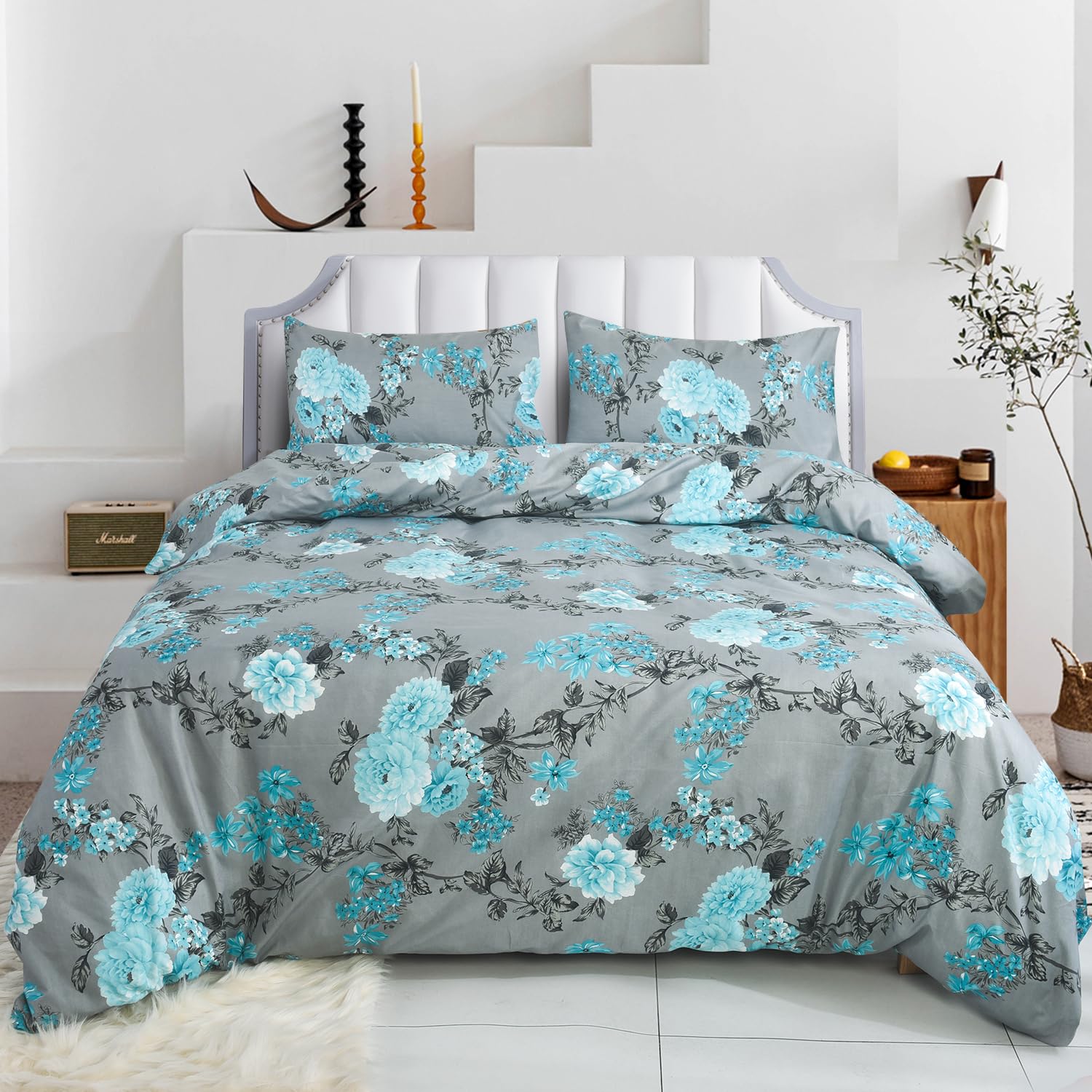 CHARKHAH 4 Piece Reversible Printed Bedding Set Includes 1 Duvet Cover, 1 Deep Fitted Sheet & 2 Pillowcases – Soft Microfibre Easy Care Quilt Cover Set for All Seasons (Blossom Teal, Double) — image 1