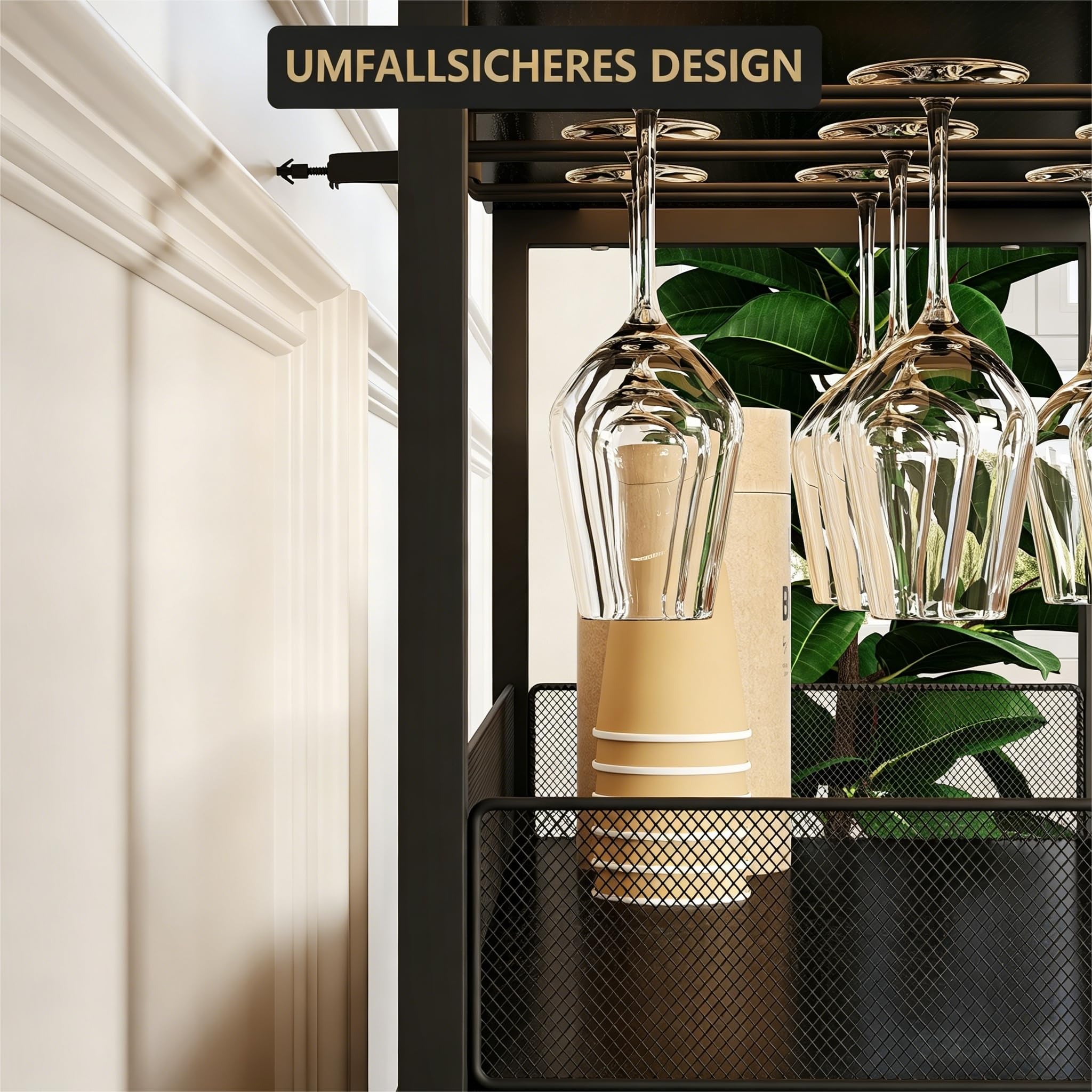 Weinregal, mit verstellbarem Weinregal und Glashalter, Industrial Design mit LED Licht, Getränkeaufbewahrung als Weinbarschrank für Küche, Esszimmer, Wohnzimmer, 70x35x92 cm, Holzmaserung Schwarz