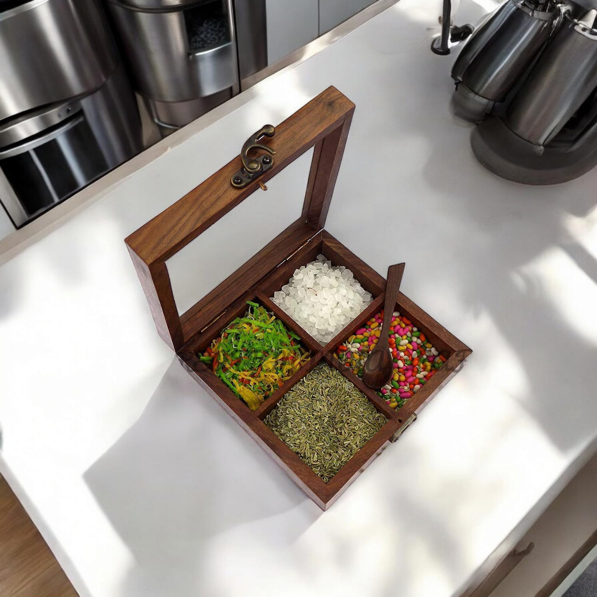 Wooden Spice Box with 4 Partitions & Spoon, Mukhwas for Refereshment, Spice Container for Kitchen, Masala Dabba, Namakdani for Kitchen, Wooden Masala Box, Multipurpose Box (4 Partitions (Mukhwas))