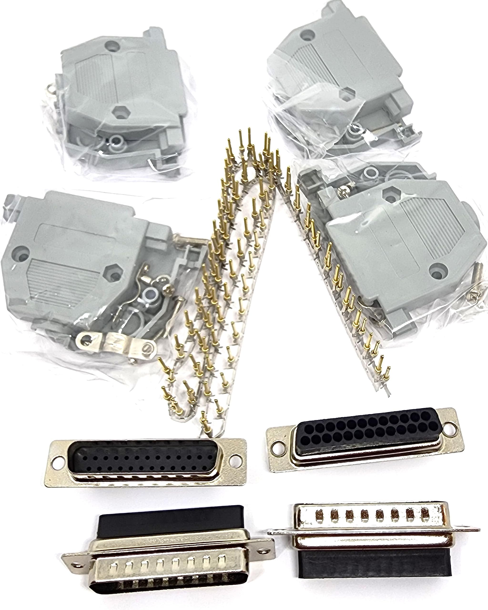 Connectors Pro - 4 Sets Crimp Type DB25 Male + Plastic Hoods + Pins D-Sub 25P Male Crimp Connector Pin Hood Kit - 4 DB25 Males + 4 Hoods + 100 Pins