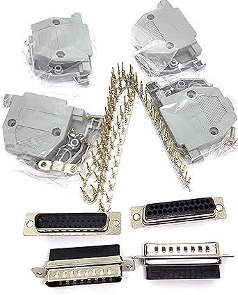 4 Sets Crimp Type DB25 Male + Plastic Hoods + Pins D-Sub 25P Male Crimp Connector Pin Hood Kit - 4 DB25 Males + 4 Hoods + 100 Pins