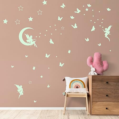 Miniatura 5 de Calcomanía de pared de hadas de fantasía que brilla en la oscuridad, decoración luminosa de mariposa luna para dormitorio de niña, decoración