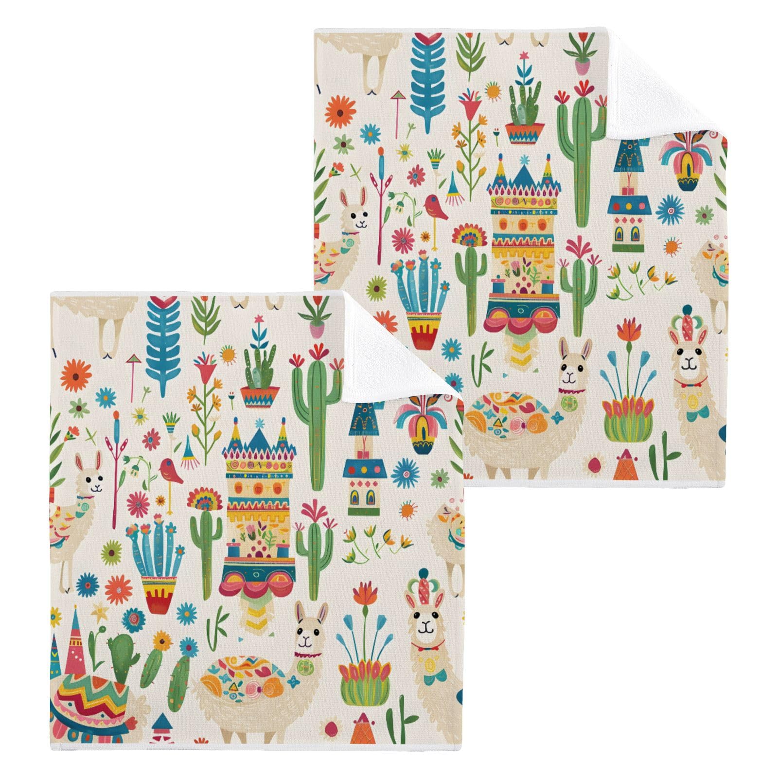 ALAZA Wash Cloth Set 100% Cotton Fingertip Towels Face Cloths Sets Cute Llamas Highly Absorbent Soft Feel Set of 2