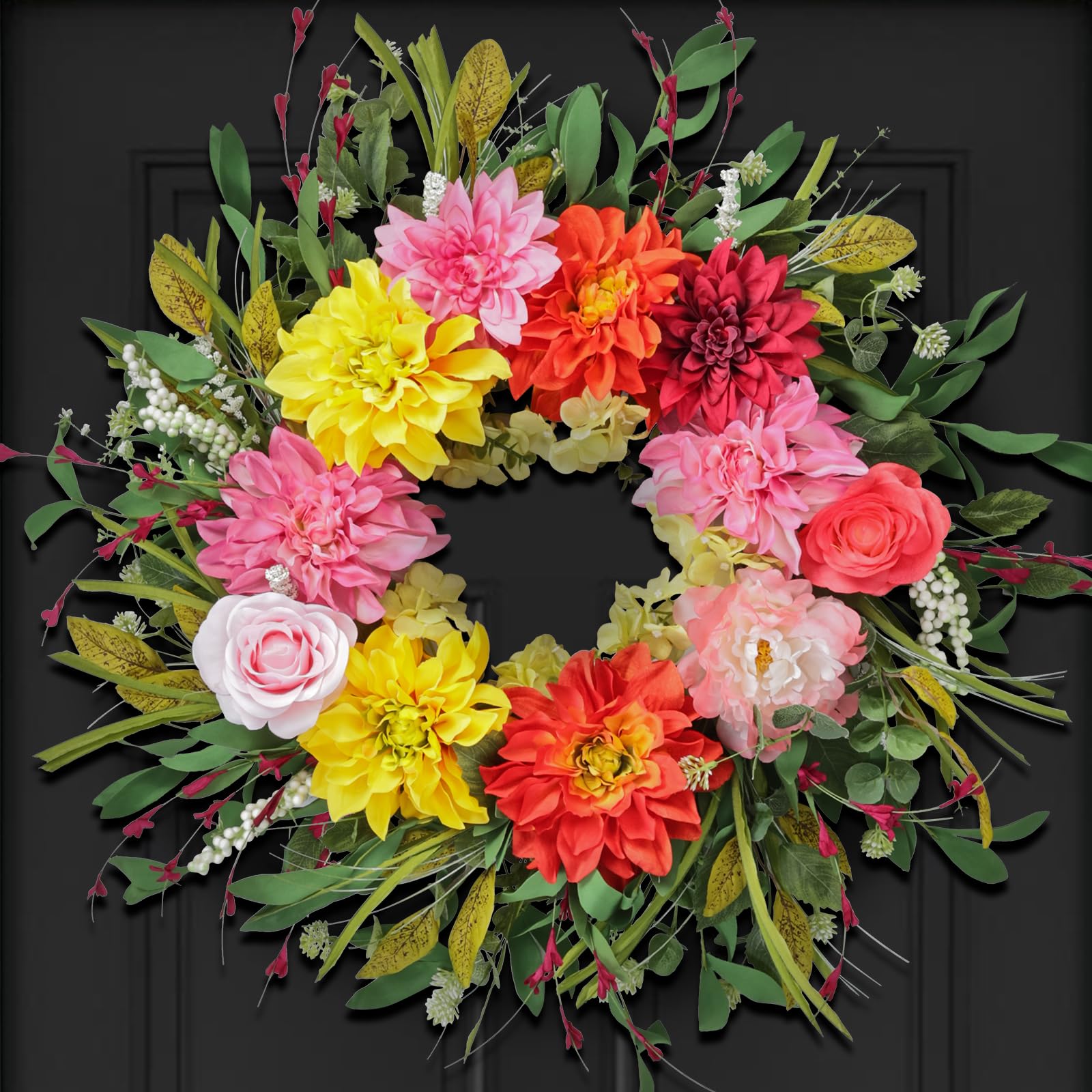 24" Dahlia Spring Summer Wreath with Rose, Peony and Green Leaves, Colorful Artificial Flower Wreath for Front Door Home Wall Wedding Farmhouse