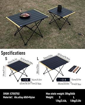 iClimb Ultralight Compact Camping Folding Table with Carry Bag, Two Size (Black - S)