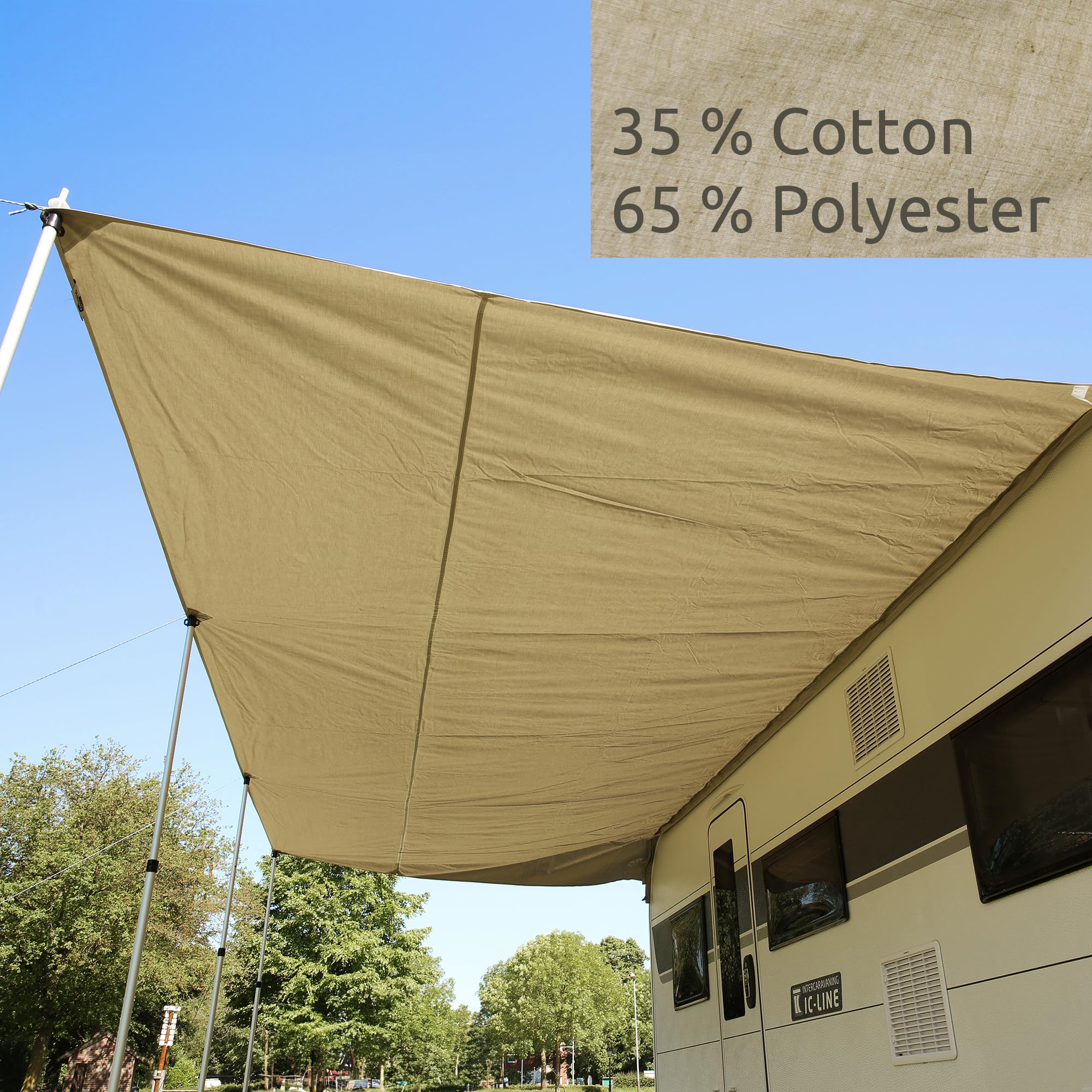 GEAR Caravan Tarp TC Wohnwagen Sonnendach wasserdichtes Baumwoll-Sonnensegel UV 50+ Alu-Teleskopstangen 500 x 240 cm Beige Sand