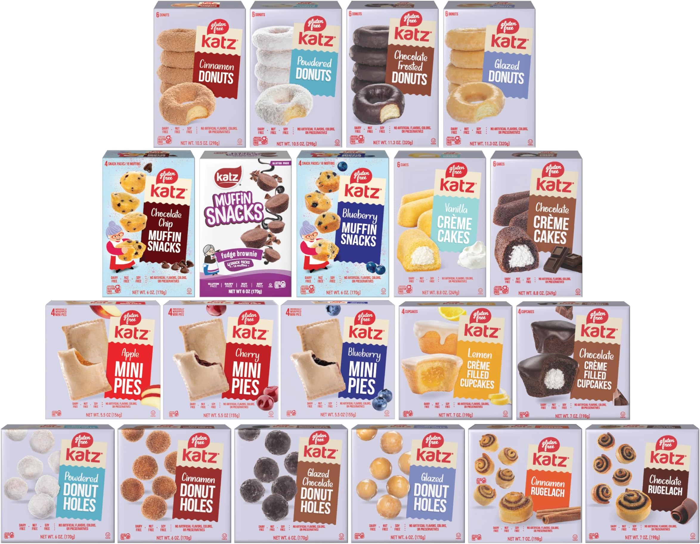 Top 20 Best Sellers Variety Pack. Donuts, Donut Holes, Mini Pies, Crème Cakes, Muffin Snacks, Cupcakes. Free of Soy, Sesame, Dairy, and Nut. Kosher snack.