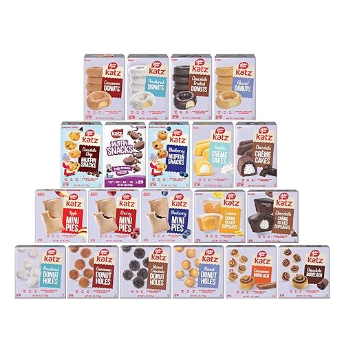Katz Gluten Free Top 20 Best Sellers Variety Pack. Donuts, Donut Holes, Mini Pies, Crème Cakes, Muffin Snacks, Cupcakes. Free of Soy, Sesame, Dairy, and Nut. Kosher snack.