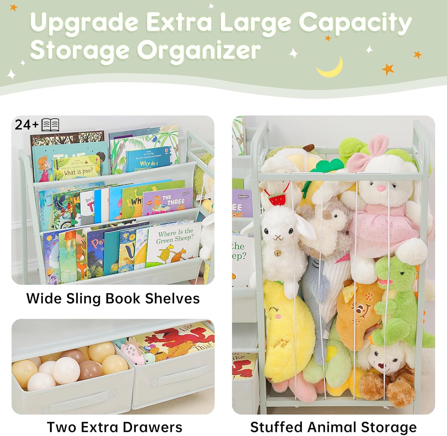 Fabuday Kids Bookshelf and Toy Storage Organizer - 3 Tiers Large Toddler Baby Sling Book Shelves for Kids Room, Montessori Childrens Bookcase with Stuffed Animal Storage for Nursery, Playroom, Bedroom