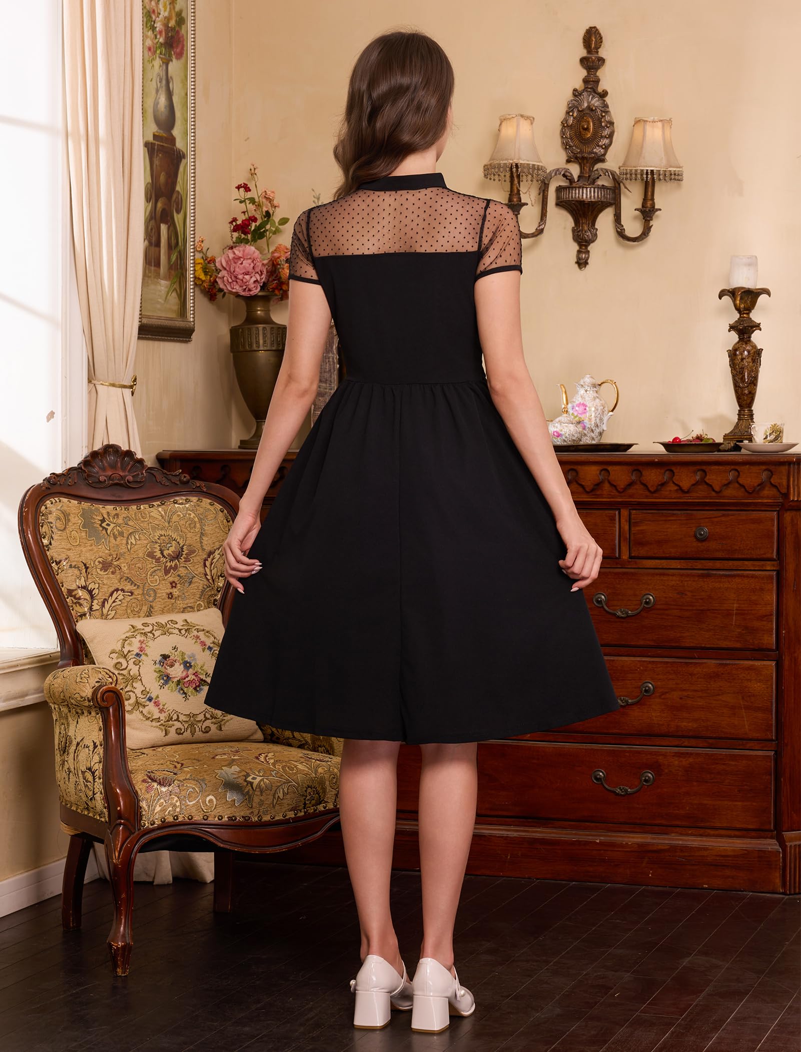 OMEWEE Cocktailkleid Damen Elegant Knielang Rockabilly Kleider Stehkragen Sheer Mesh Kurzarm festlichs Kleid A-Line Swing Vintage Abendkleider Hochzeitsgast Partykleid