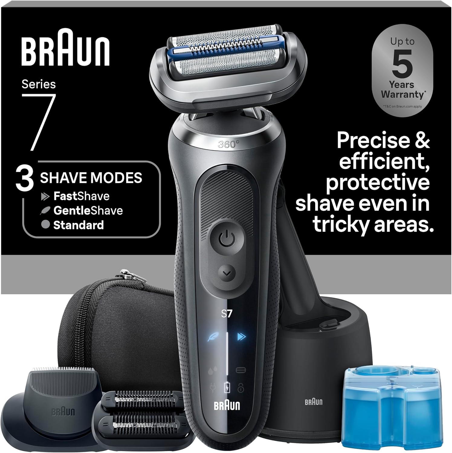 Series 7 Electric Shaver for Men, Wet & Dry Foil Razor, 4-in-1 SmartCare Clean & Charge Center, Beard Trimmer Attachment, Stubble Attachment, Travel Case, Grey 7185cc