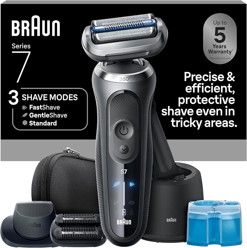 Braun Series 7 Electric Shaver for Men, Wet & Dry Foil Razor, 4-in-1 SmartCare Clean & Charge Center, Beard Trimmer Attachment, Stubble Attachment, Travel Case, Grey 7185cc