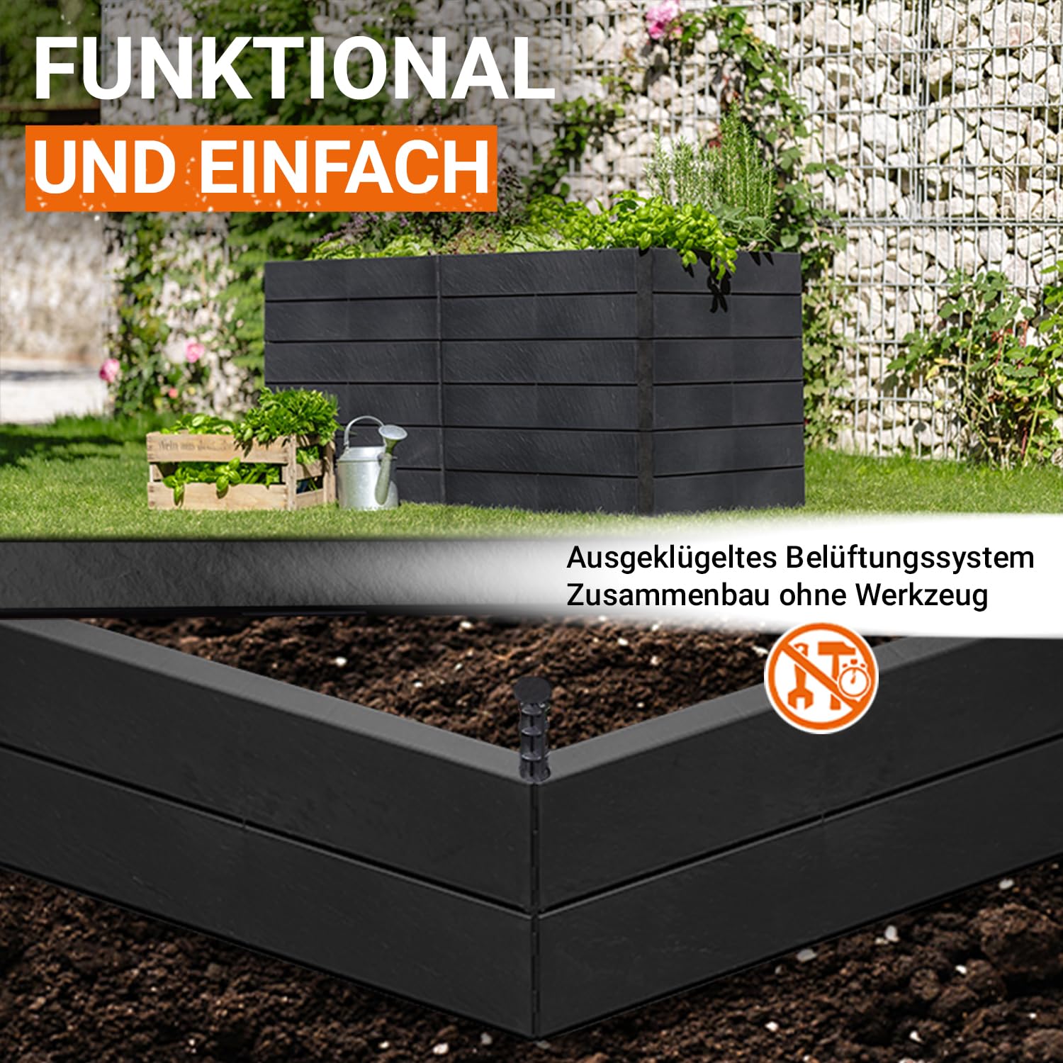 Garantia Ergo Quadro 2 L 75 Hochbeet - Stone ergonomisches Gartenhochbeet aus Kunststoff - Stecksystem mit Bewässerung für Gemüse Kräuter und Blumen - für Garten Terrasse und Außenbereich