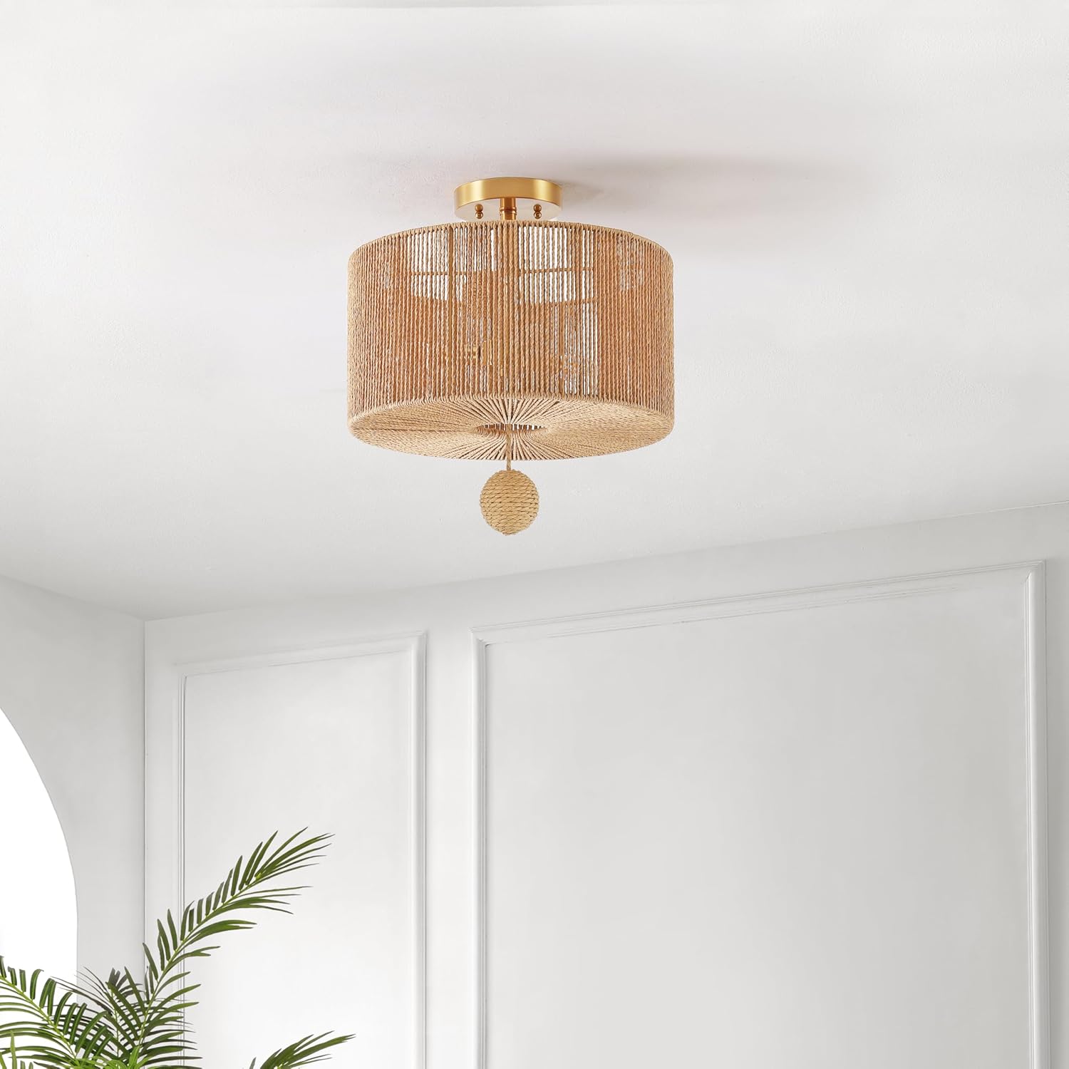 Solmaz Natural Paper Rope and Gold Drum LED Flush Mount Light