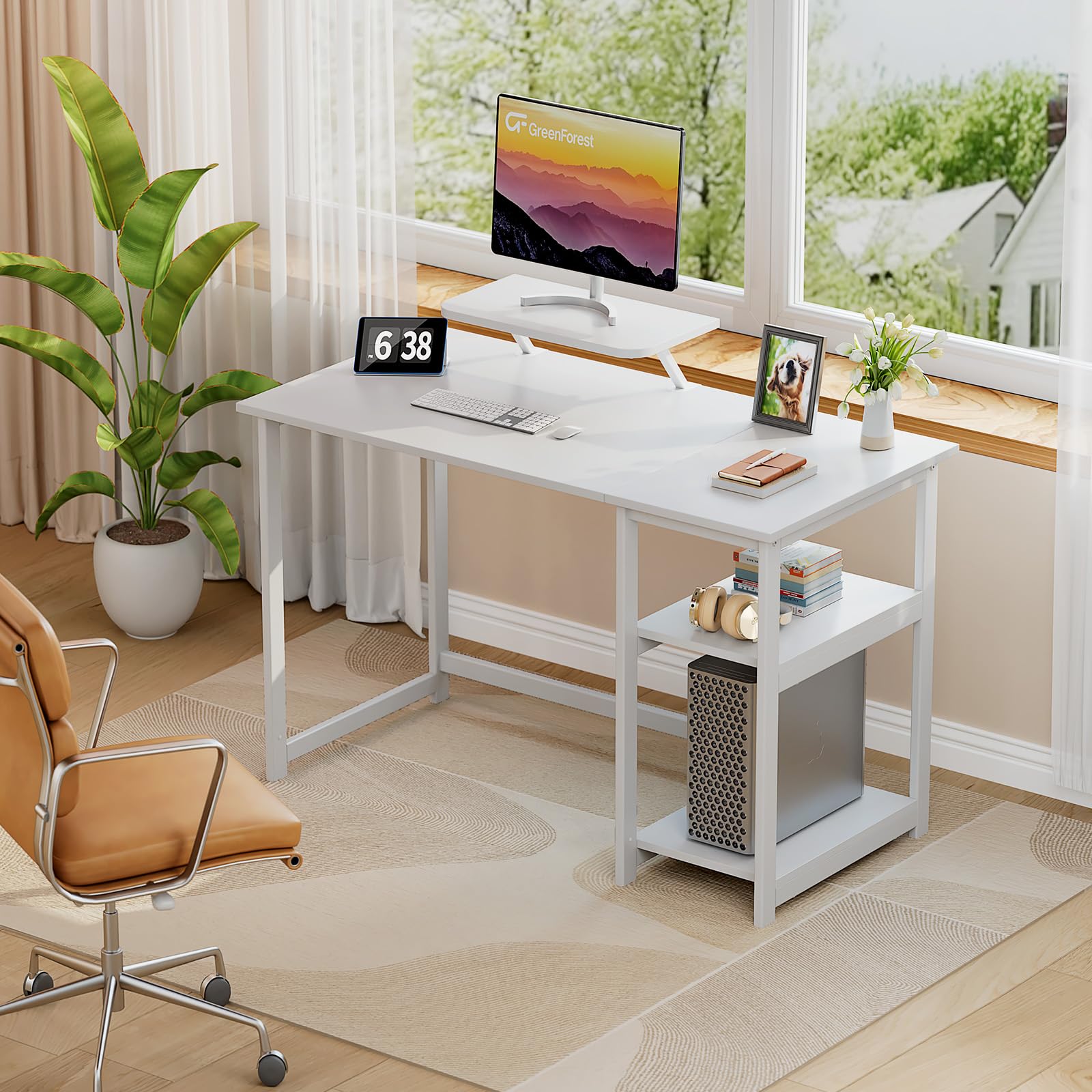 GreenForest Scrivania da Ufficio e Gaming con Supporto per Monitor, Tavolo per computer da Casa da 120 cm con Scaffle Reversibili, Scrivania da Studio per Piccoli Spazi, Bianca Puro