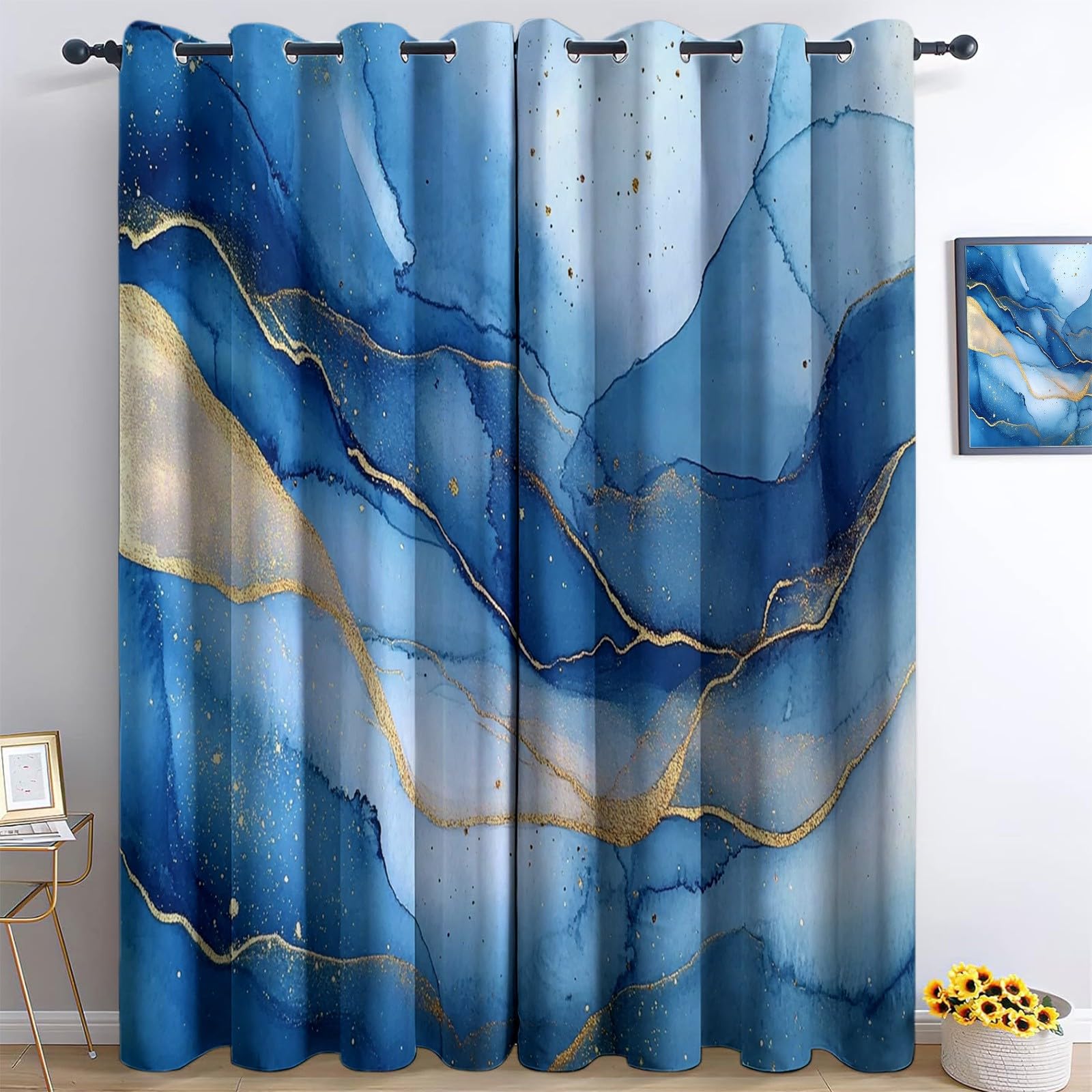Rideau bleu style marbre de haute qualité avec oeillets occultants