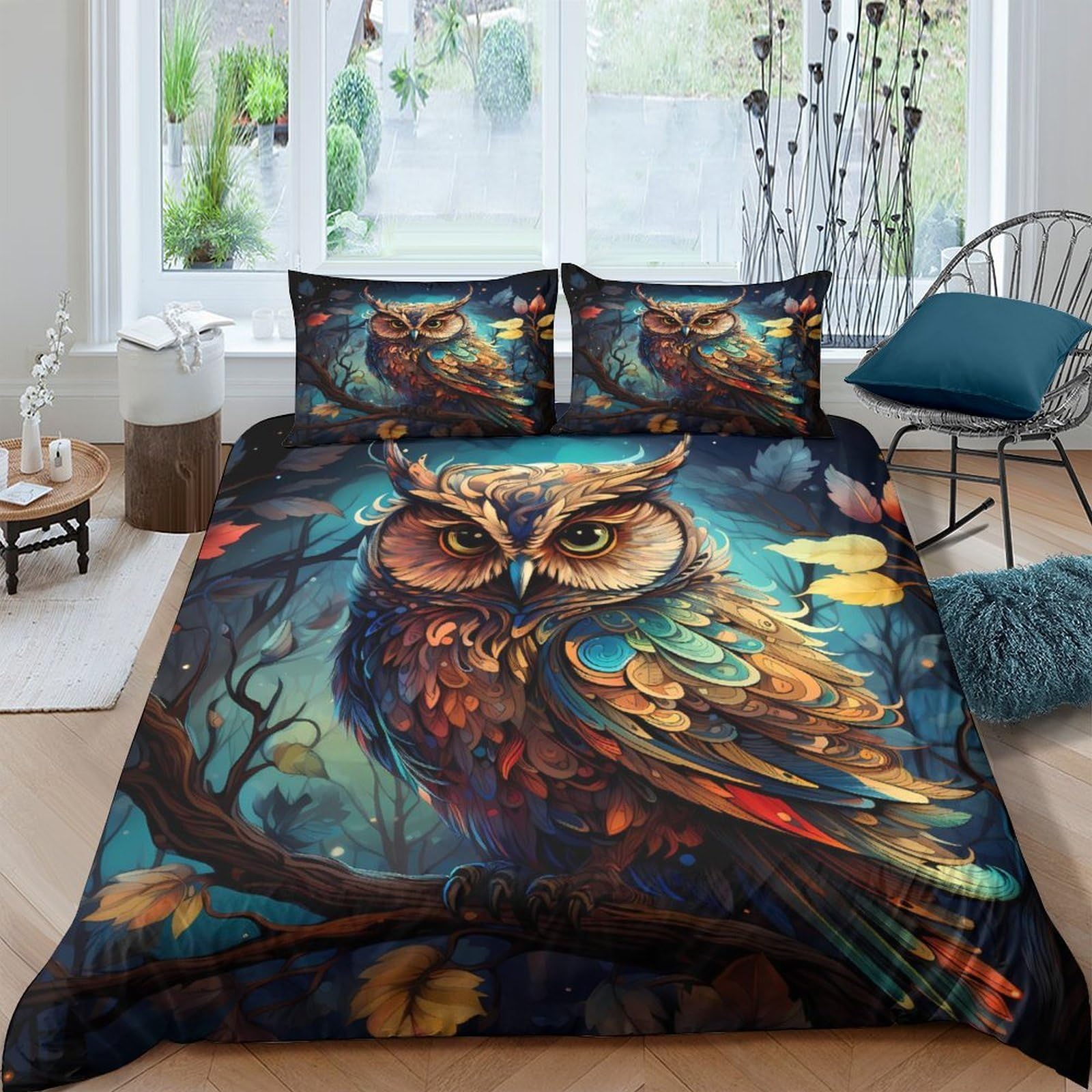 Ctjqhvkz Style-8 3D Printed Colorful Owl Fitted Sheet Microfiber Soft Artistic Forest Bed Cover For Bedroom Dorm Room Decor Protection Single（135X200cm）