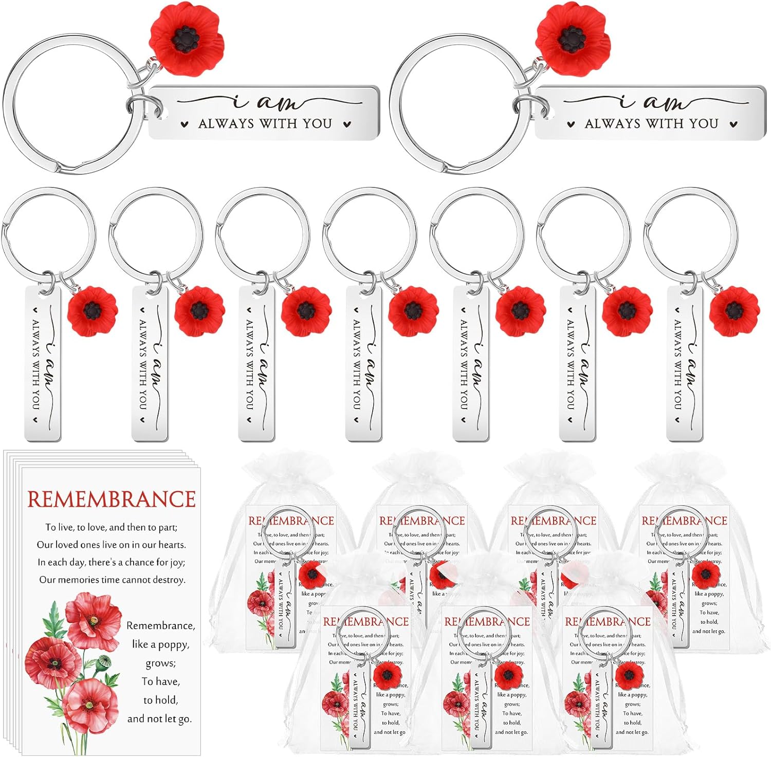 Landical Poppy Funeral Favor, Celebration of Life Favors for Memorial Day, Stainless Steel Keychains with Card, Organza Bag