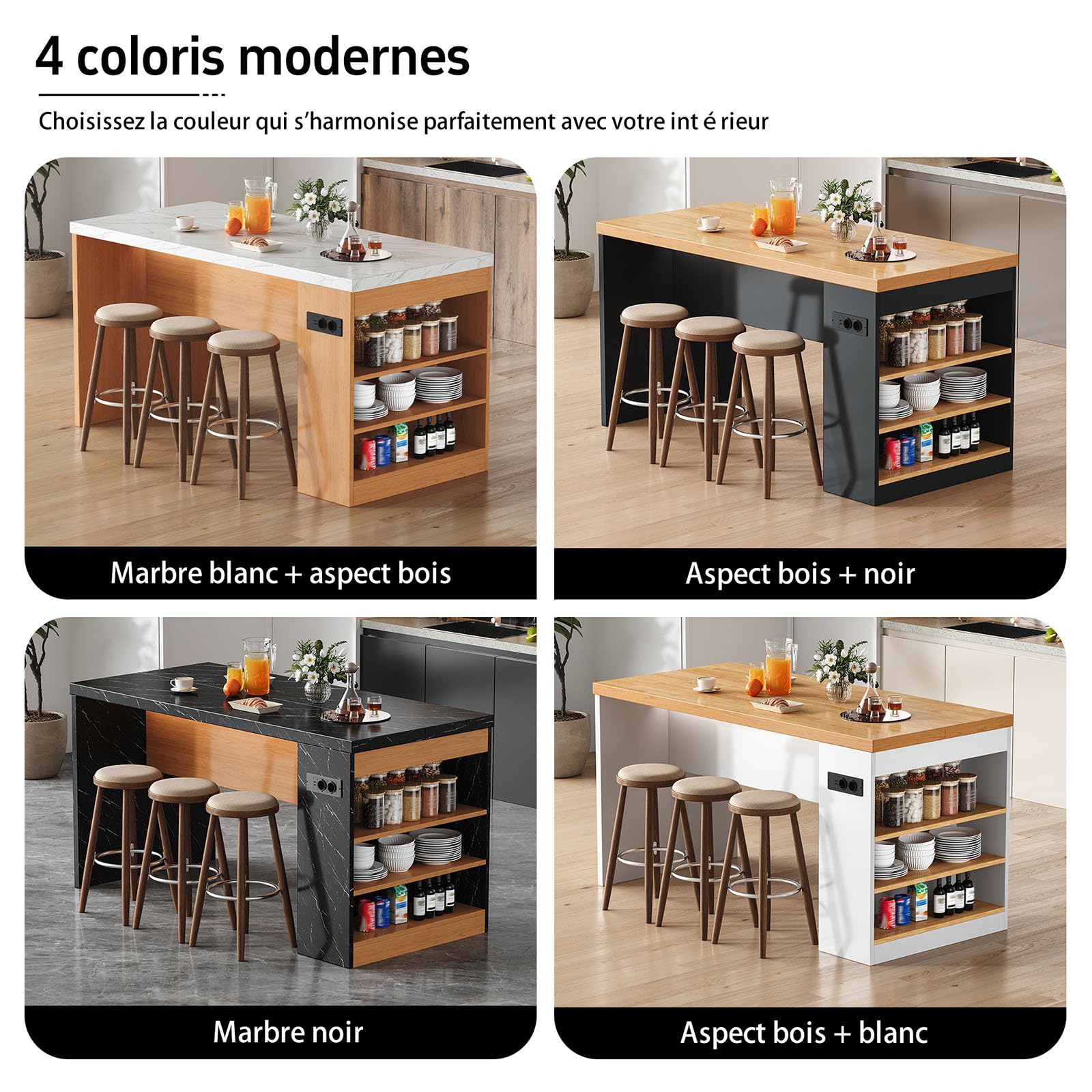 DHHU Îlot de Cuisine 155x80x90 cm avec Prises & USB, Plan de Travail Épais 40 mm, Éclairage LED Intégré, 3 Étagères de Rangement, Meuble Multifonction pour Cuisine et Salle à Manger