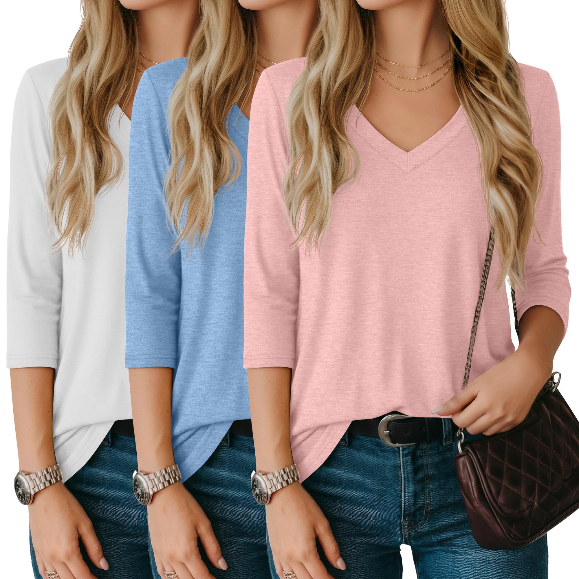 Riyiper 3 Pack V Neck 3/4 Sleeve Tops for Women Dressy Casual Loose Fit T Shirts Trendy Basic Tunic Tees
