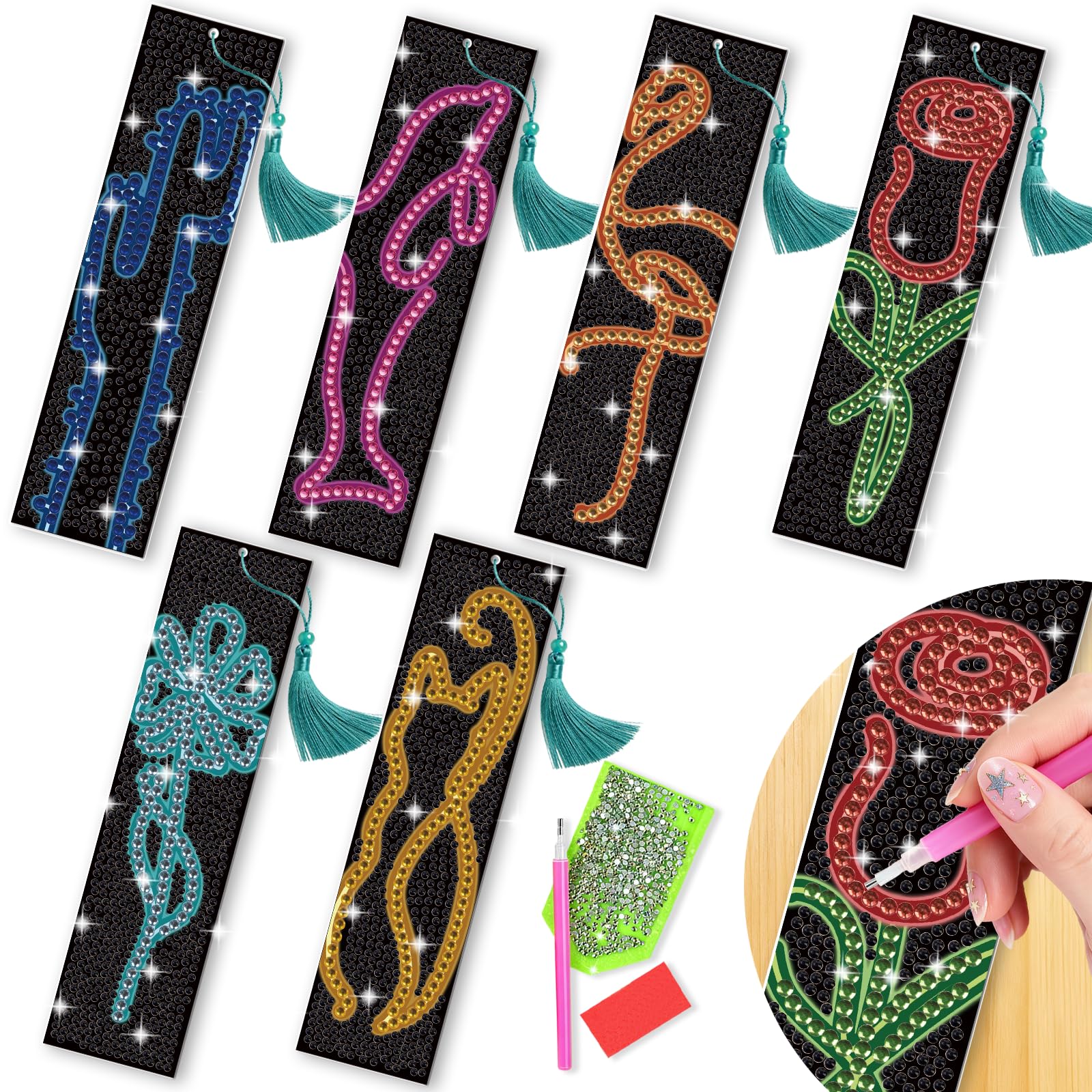 benikmake 6pcs Abstract Line Diamond Reading Bookmark Diamond Painting Bookmark Kits for Adult Flamingo Rose 5D Gem Art Marks for Book Lovers 1.96x7.87in