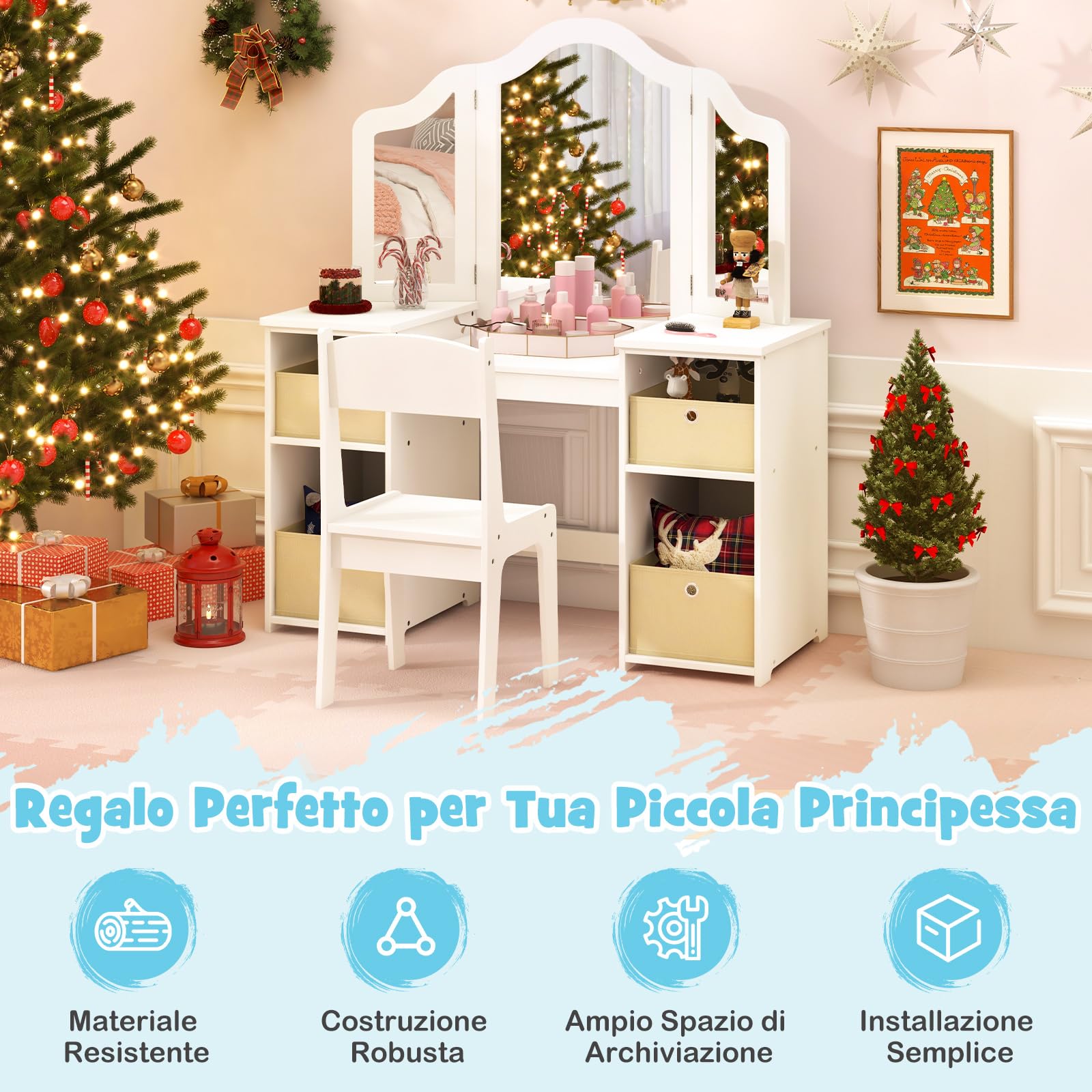 COSTWAY Toeletta Trucco 2 in 1 per Bambina, Specchiera Staccabile per Ragazza in Legno Robusto con 4 Cassetti in Tessuto, Sgabello e Specchio, Postazione Trucco per 3 Anni, 104 x 40 x 117 cm (Bianco)