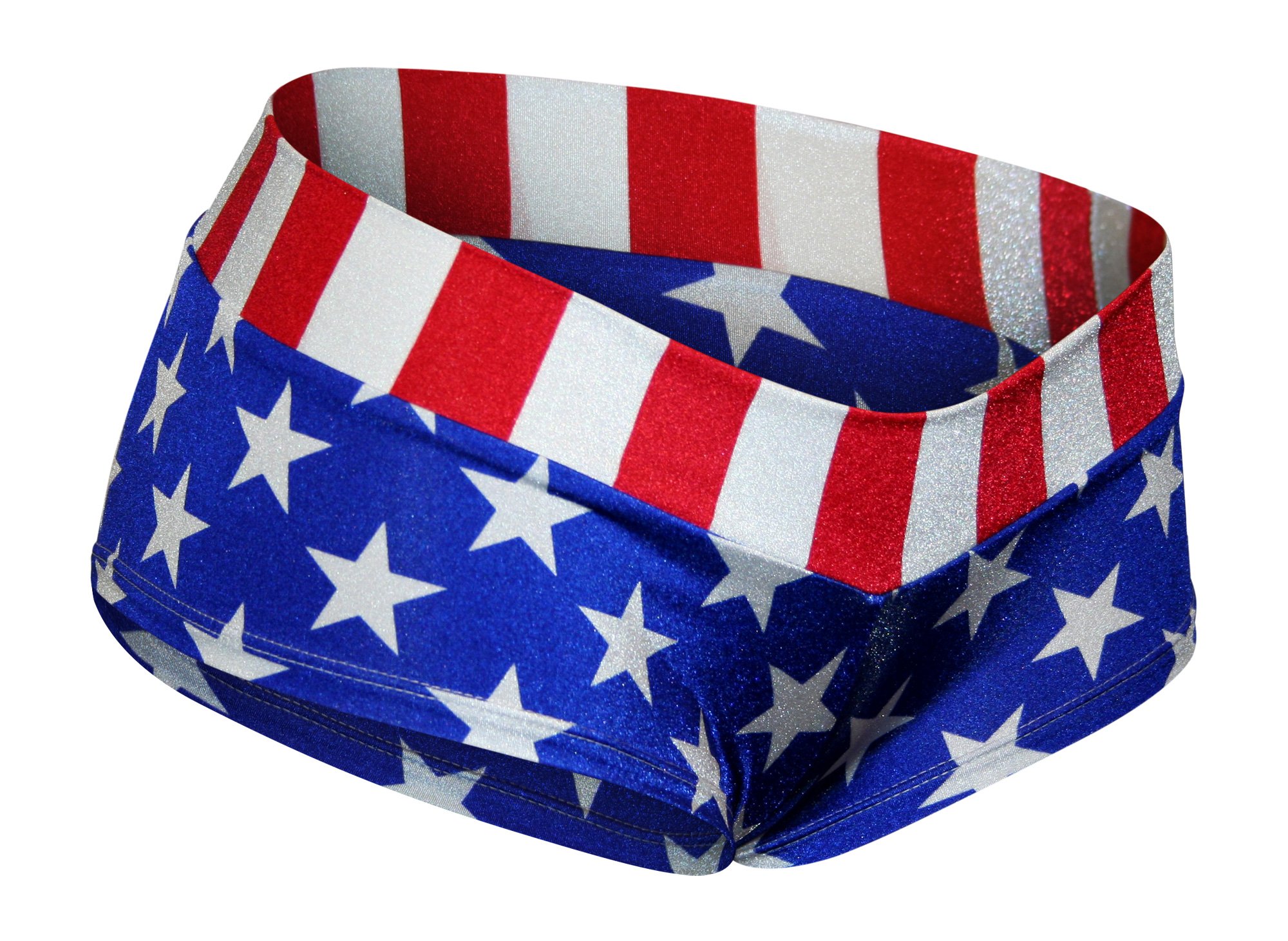 Dilly Duds USA Flag Cheeky Booty Shorts – White Stars on Royal Blue Spandex with Red & White Stripe Waistband, Low Rise