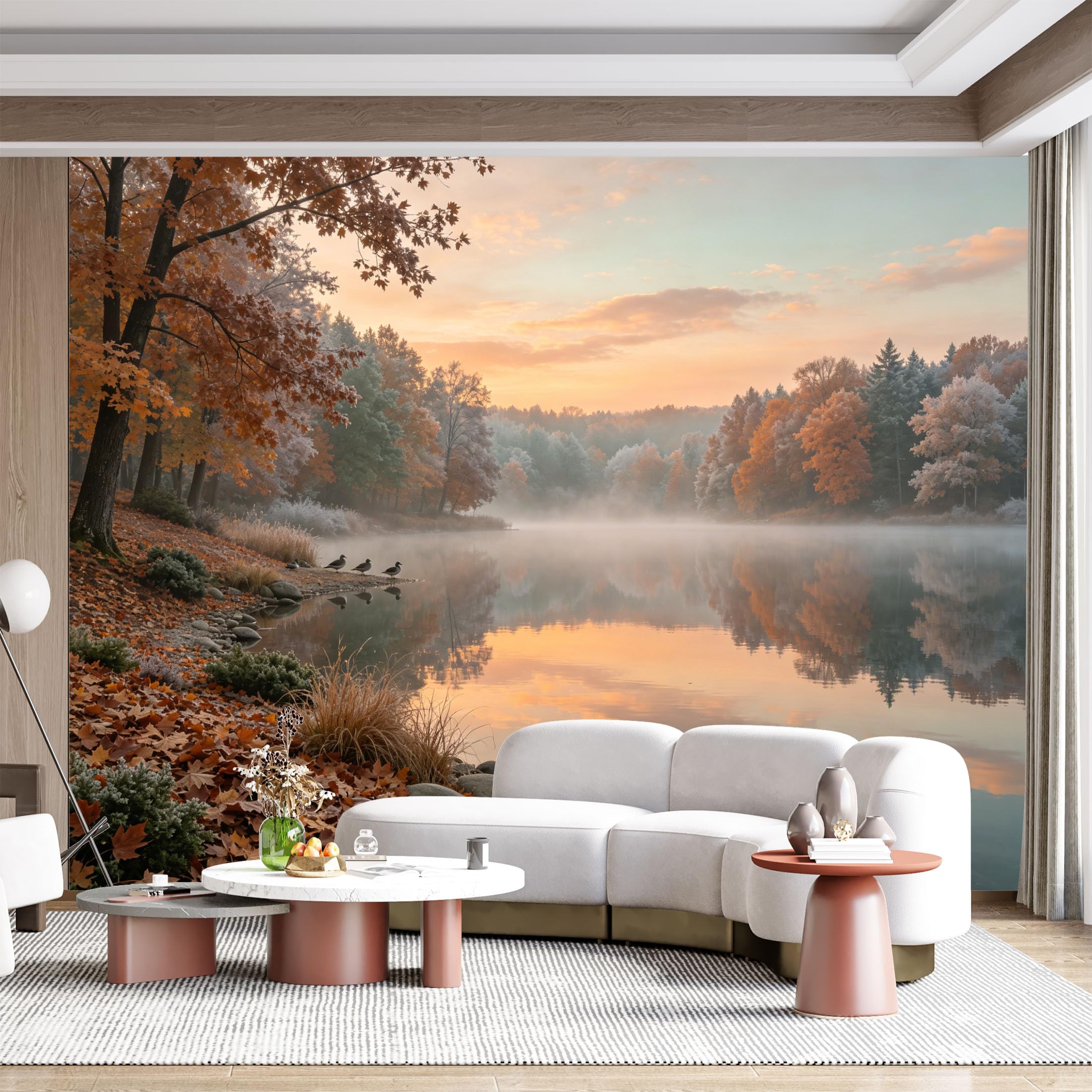 Custom Size Wall Mural Misty Autumn Lakeside Serene Landscape Watercolor SelfAdhesive Wall Fabric Removable for Home Office Decor