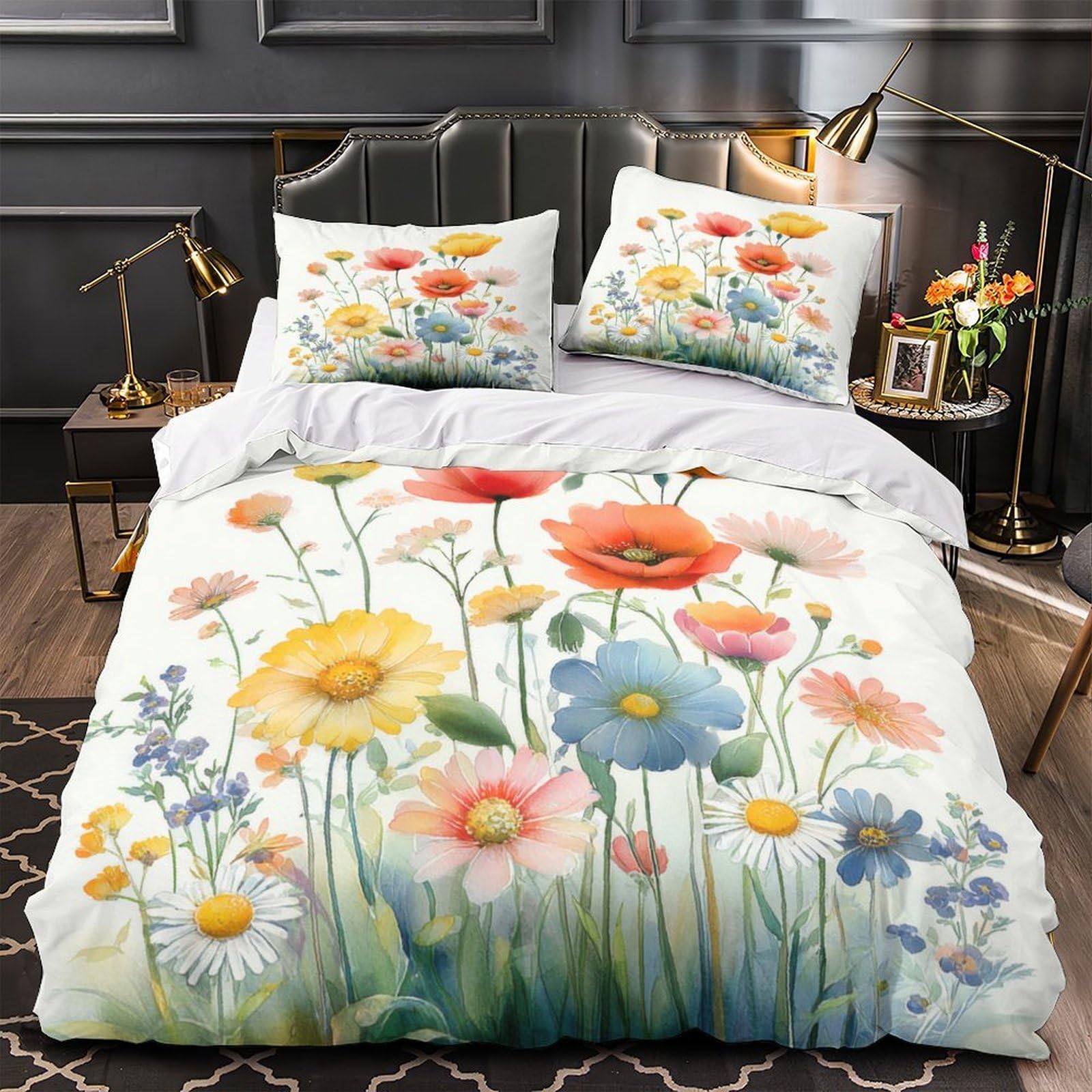 Housse de couette fleurs aquarelle king 220x240cm en microfibre douce